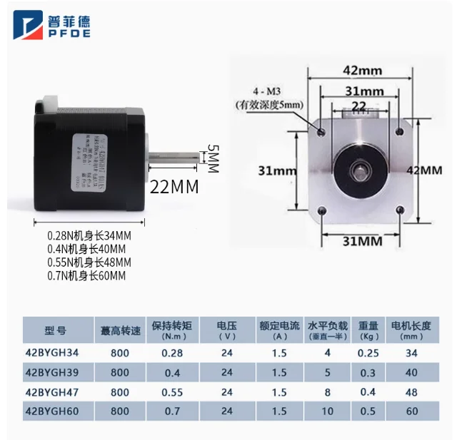 3D 프린터용 하이 토크 Nema 17 스텝퍼 모터, CNC 밀링 타각기, 42BYGH34, 0.28N.m, 4 리드 1.5A 전기 모터