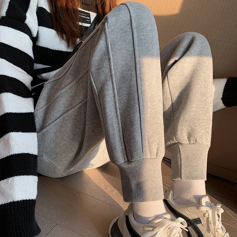 Autumn and Winter Women's Elastic High Waist Drawstring Solid Pocket Screw Thread Shrink Sport Harlan Trousers Casual Pants