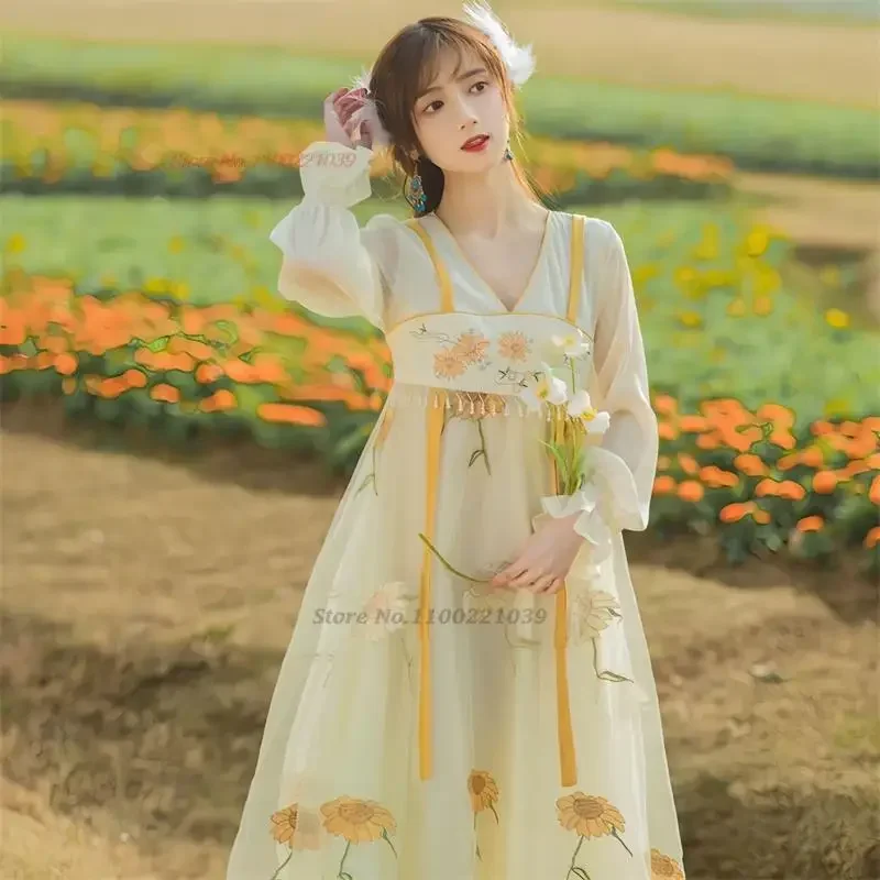 

2023 traditional chinese improved hanfu national flower print chiffon dress ruqun hanfu retro dance costume fairy princess dress