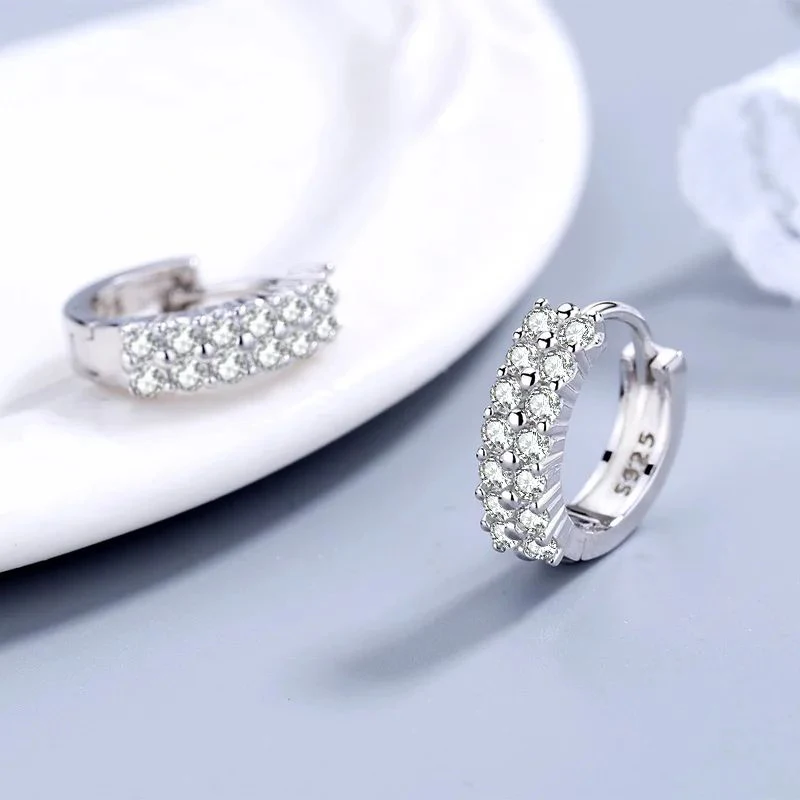 High Quality 925 Sterling silver Double row crystal Round Earrings Stud for women Fashion designer Jewelry Couple Gifts 5