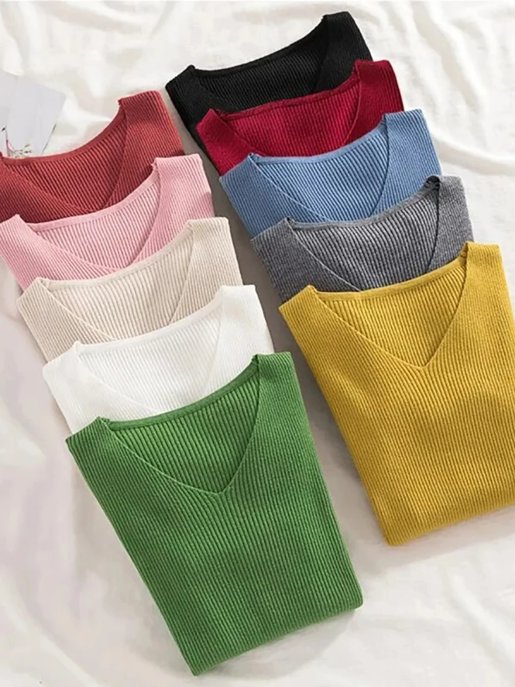 2025 New Women Sweater Autumn Winter Long Sleeve Pullover Basic Top Fashion V-neck Elastic Female Winter Solid Knitted Jumper