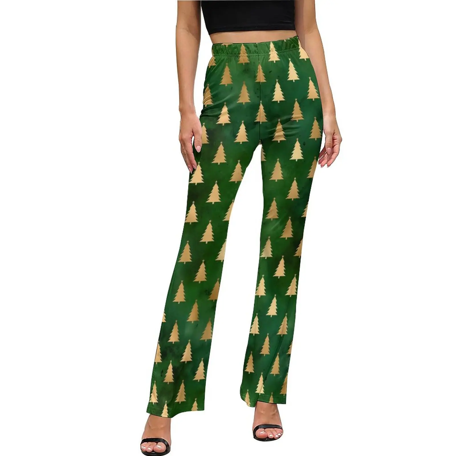 

Winter Christmas Tree Pants High Waisted Green and Gold Aesthetic Flared Pants Summer Sexy Workout Custom Oversized Trousers