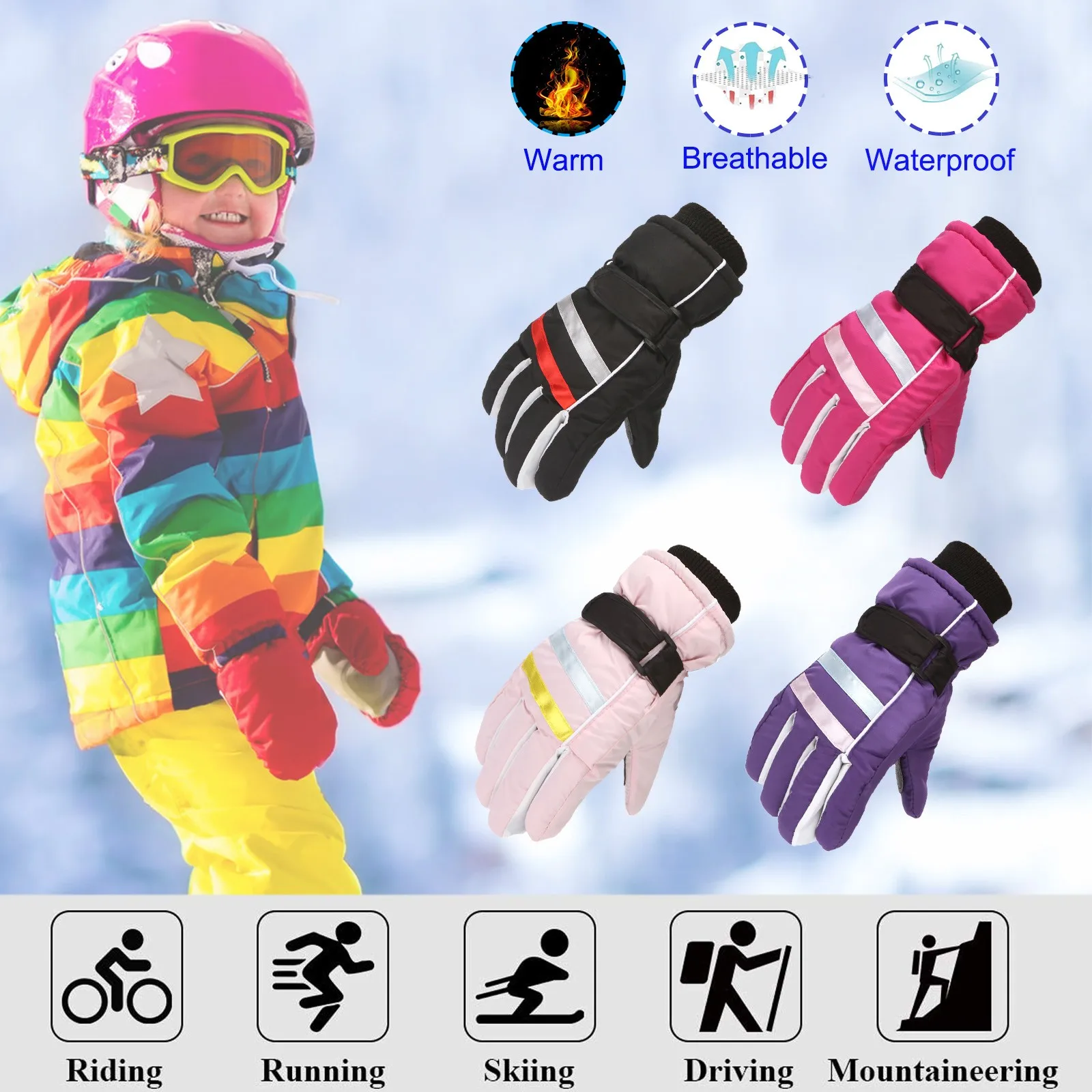 Winter Kids Ski Gloves Outdoor Sports Gloves Boys Girls Snow Skating Snowboarding Windproof Warm Ski Gloves For 4-8 Years Old