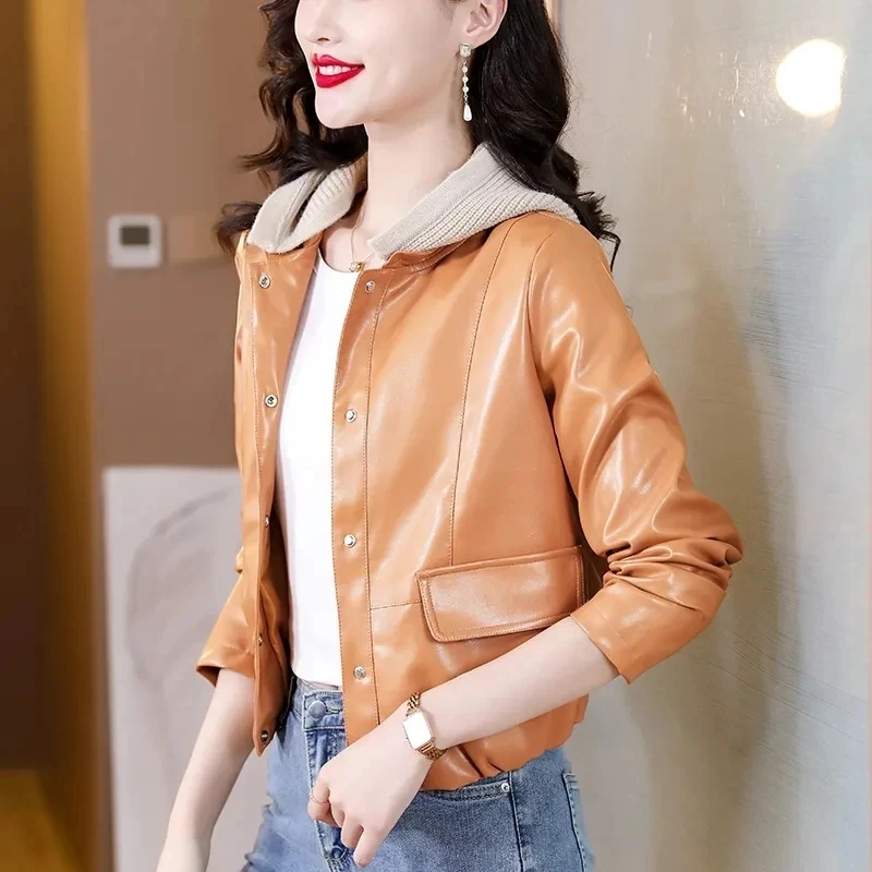 2023 Autumn New Fashionable Hooded PU Leather Jacket Women\'s Short Leather Coat Korean Trend Motorcycle Wear Leather Overcoat