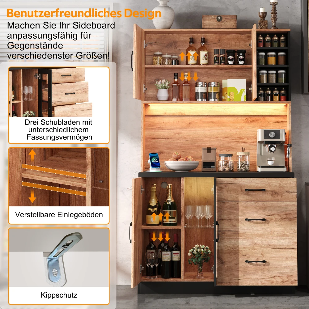 Stilvoller Küchenschrank, Schwarze Arbeitsplatte, Sideboard mit Verstellbarer LED-Beleuchtung und Steckdose, für Küchen, Esszimmer, Wohnzimmer – Detail 36