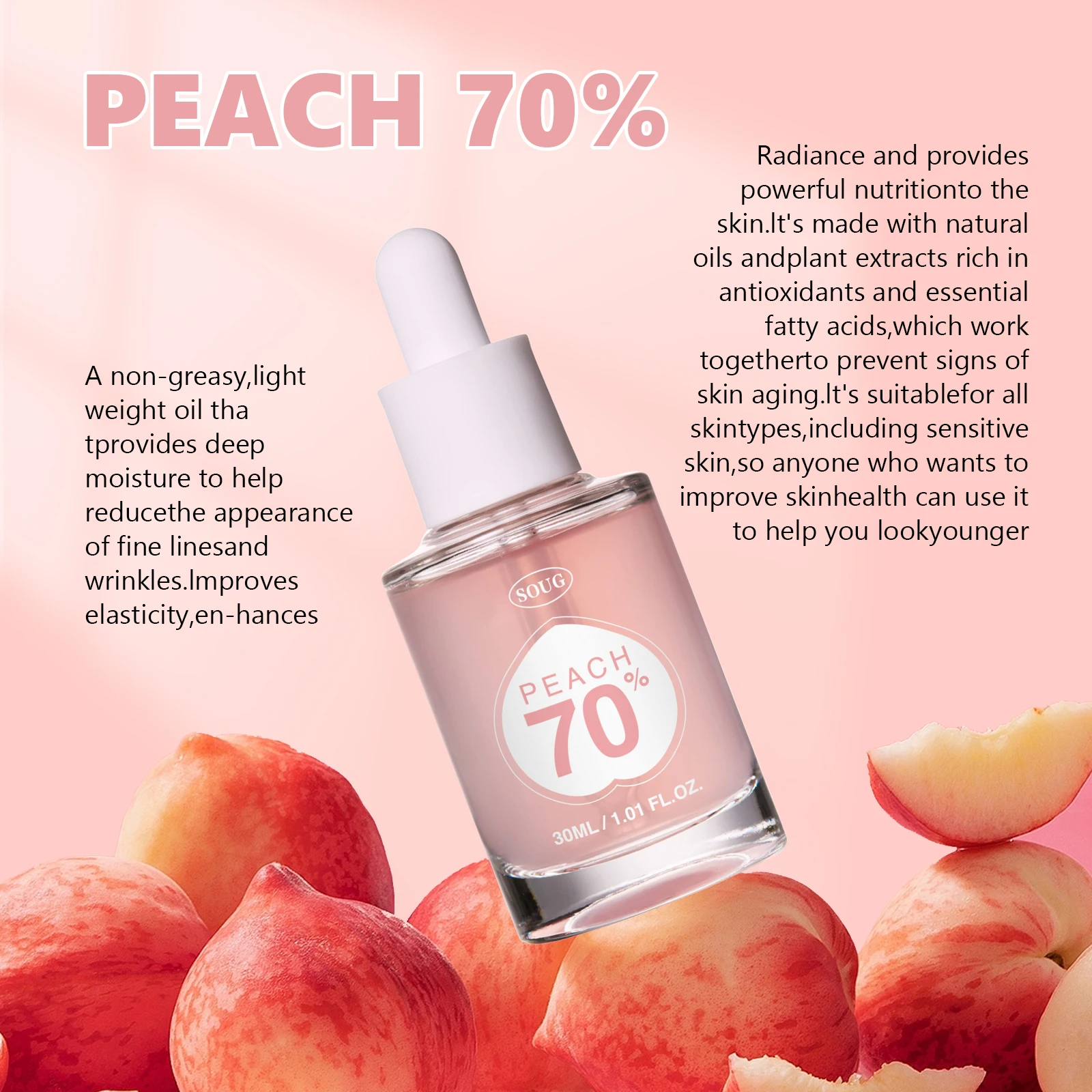 Peach 70% Niacinamide Serum Moisturizing Prevent Dryness Facial Essential Oil Increasing Elasticity Smooth Soften Skin Care 30ml 5