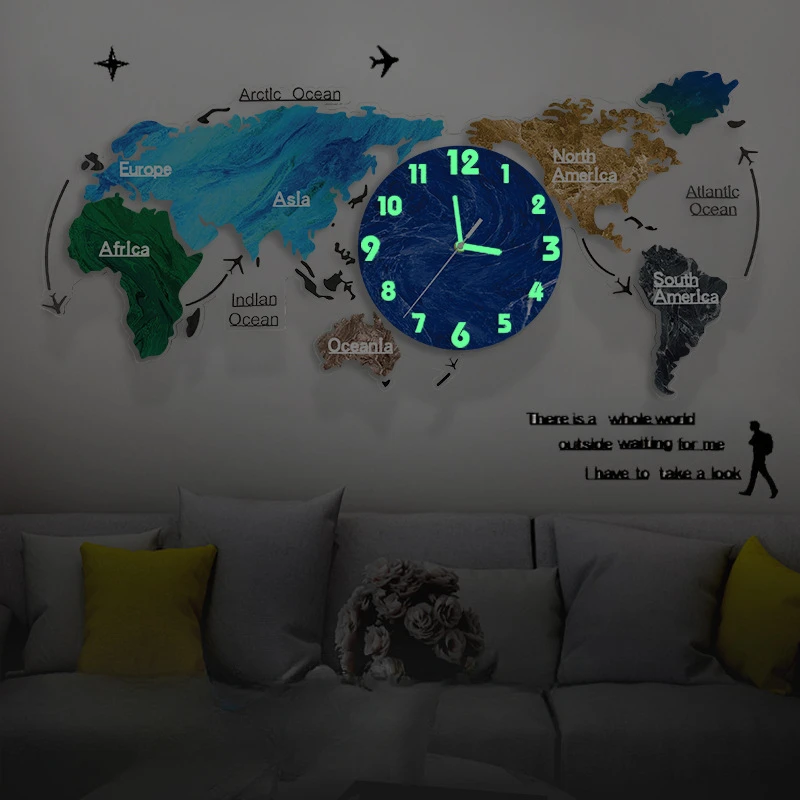 A travel-themed wall clock featuring a 3D World Map design and backlight at night.
