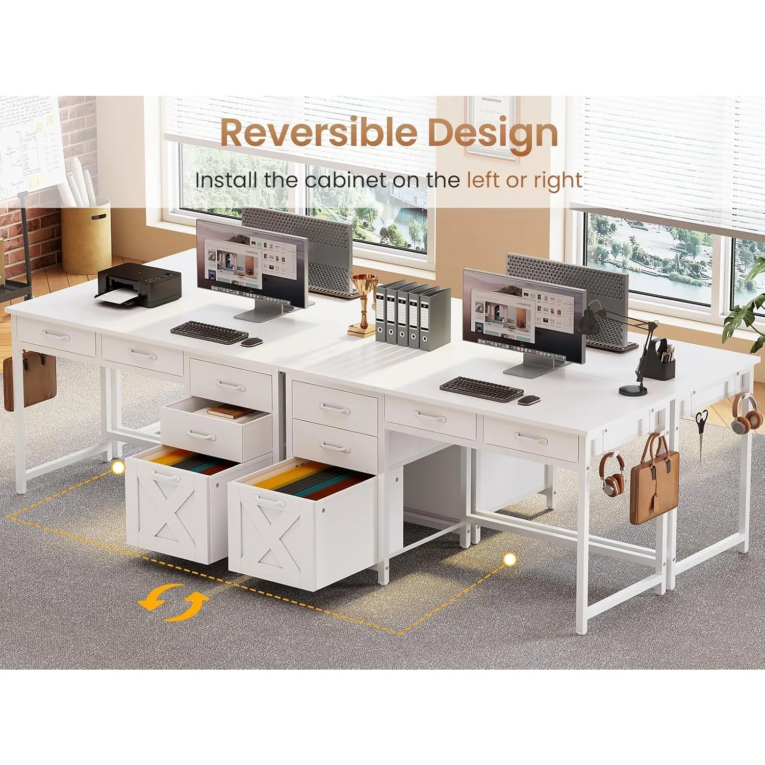Office Desk with 5 Fabric Drawers, Computer Desk with Drawers,Farmhouse Desk with Headphone Hooks for Home Office (39 inch) 3