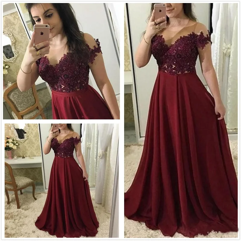 

Elegant Burgundy Straight To The Floor Sleeveless V-Neck Chiffon Evening Gowns Long Formal Evening Party Prom Dresses