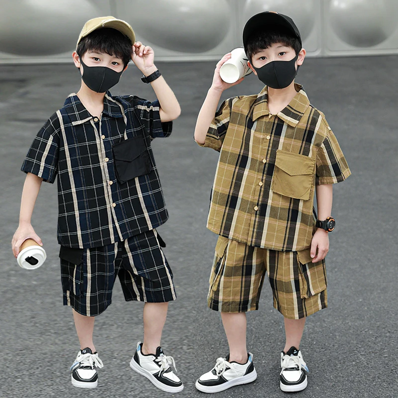 

Kids Clothes Plaid Pattern Boys Summer Outfits Tshirt + Short Kids Boy Clothes Set Teenage Kids Tracksuit