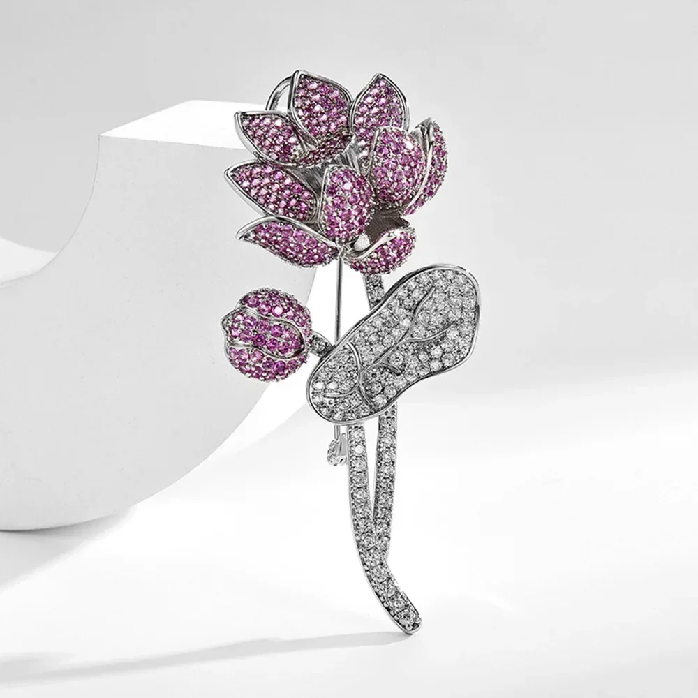 New Fashion Purple Rhinestone Lotus Brooch Pin for Women Luxury High Quality Jewelry Women's Wedding Party Accessories Corsage