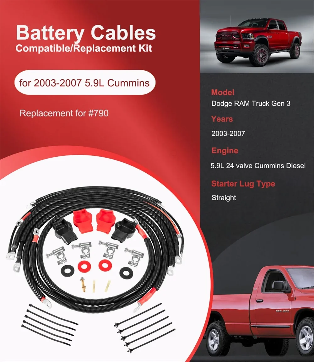 Chuangqian Battery Cables Wire kit for Dodge RAM Truck Gen 3 2003-2007 5.9L 24 Valve Cummins Diesel Straight Starter Lug # 790