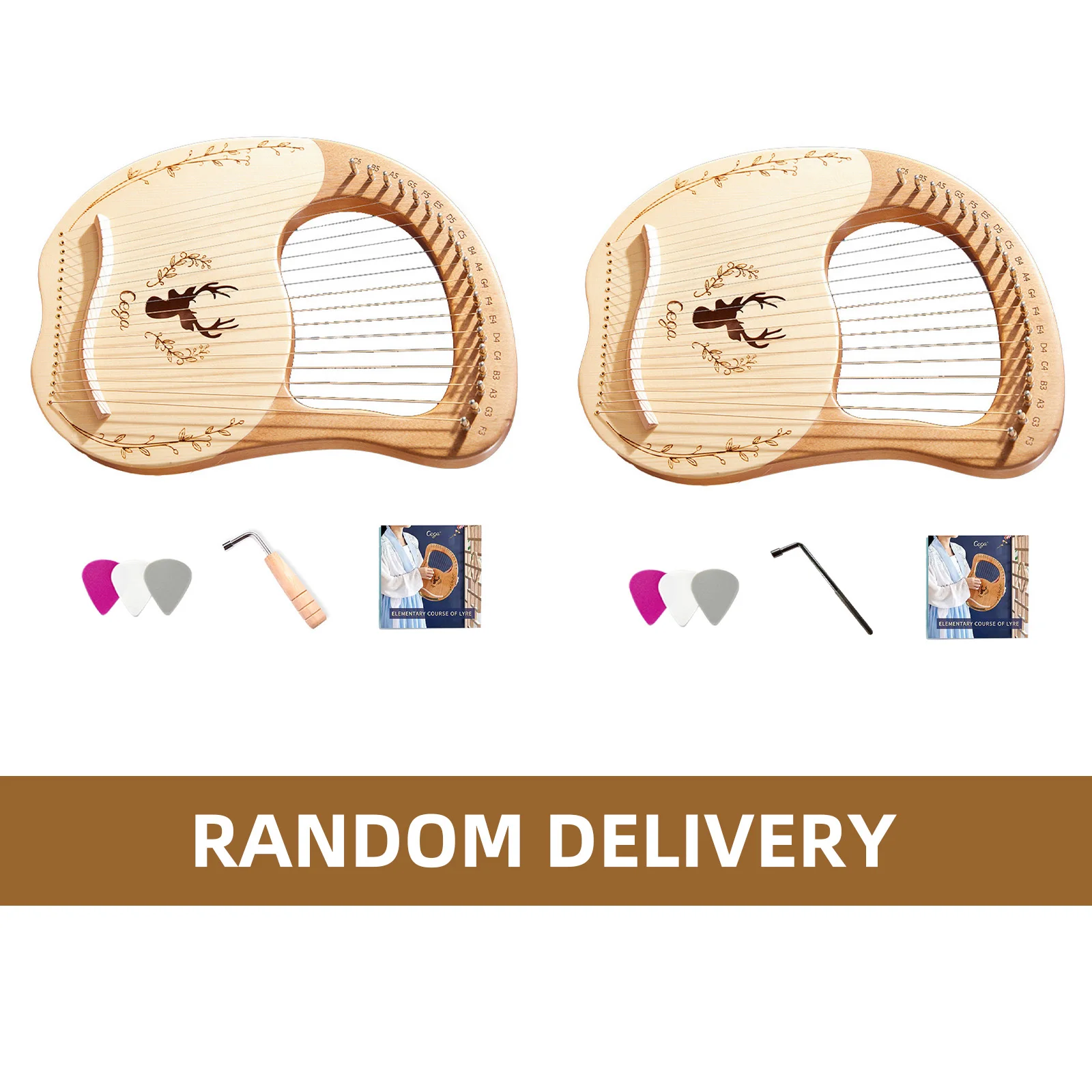 19-String Wooden Lyre Harp Resonance Box String Instrument with Tuning Wrench 3pcs Picks Sticker Extra Set of Strings Instrument