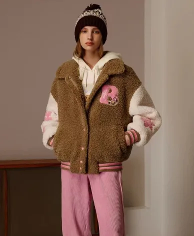 

Зимние теплые толстые куртки, коричневое флисовое флокирующее пальто для женщин, топы с вышитыми буквами, куртка