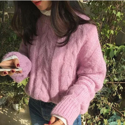 

New Autumn Winter Womens O Neck Sweaters Loose Pullover Casual Fashion Korean Retro Pink Purple Knitted Sweater Green Crop Tops