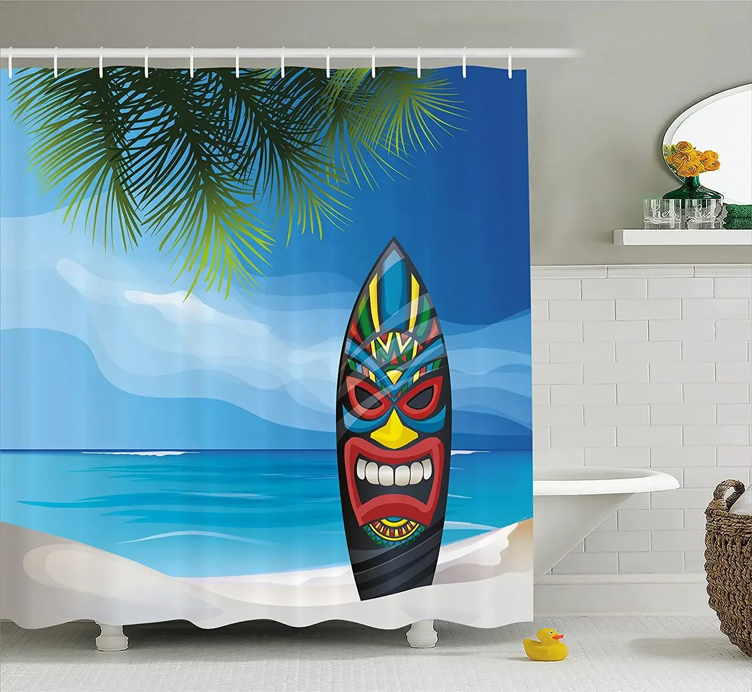 

Tiki Bar Decor Shower Curtains Tiki Warrior Mask Design Surfboard on Ocean Beach Abstract Landscape Surf Bathroom Curtain Mat