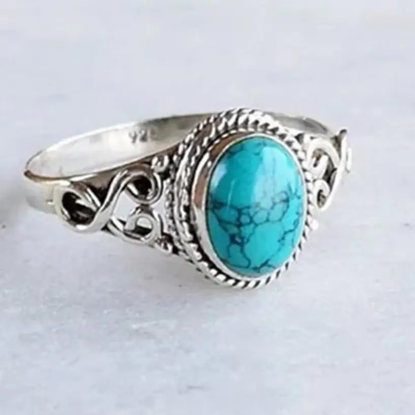 1 Pcs New Fashion Natural Turquoise Ring Wedding Engagement Birthday Party Anniversary Gift Retro Elegance Aquamarine Ring