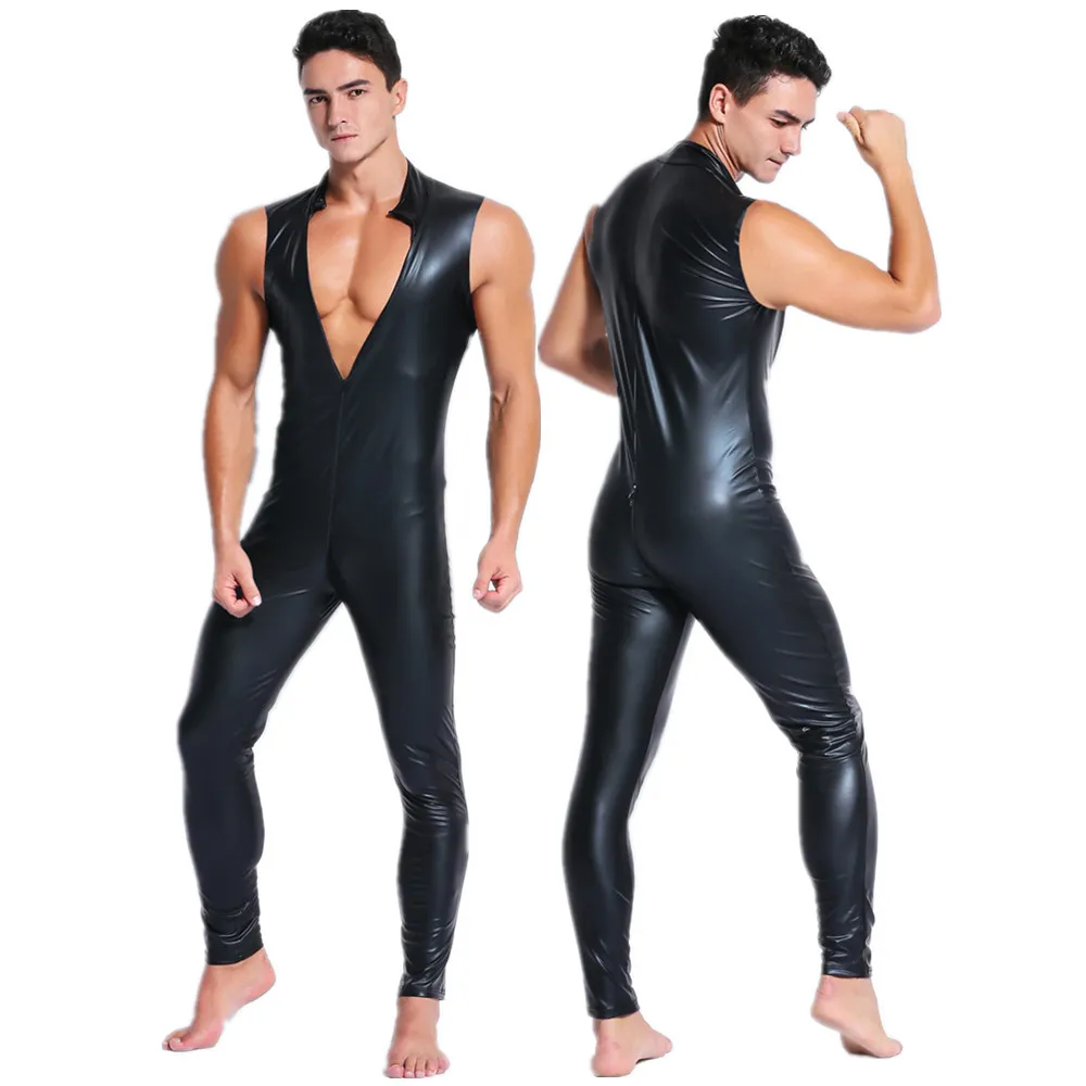 

Sexy Hot Man Faux Leather Catsuit PVC Latex Bodysuit Front Zipper Open Crotch Jumpsuits Stretch bodystocking Erotic Costumes