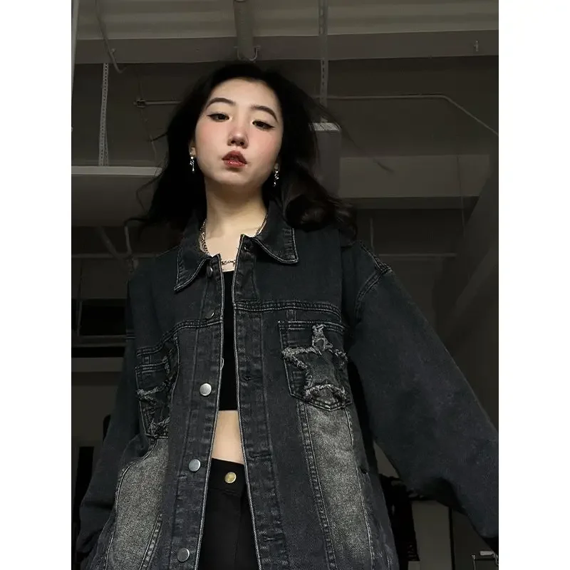 Vintage Women's Denim Jacket Oversize Grunge Y2k Streetwear Korean Fashion Jean Jackets Gothic Style Loose Aesthetic