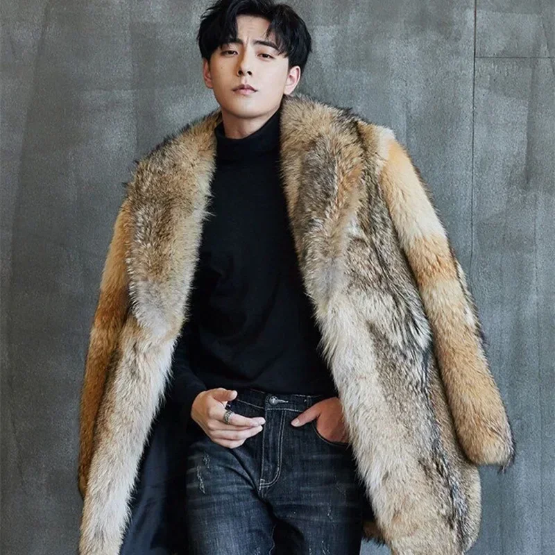 2023 Winter New Mid length Simulated Wolf Fur Coat with integrated jacket mink leather for men High-end Medium Long clothing