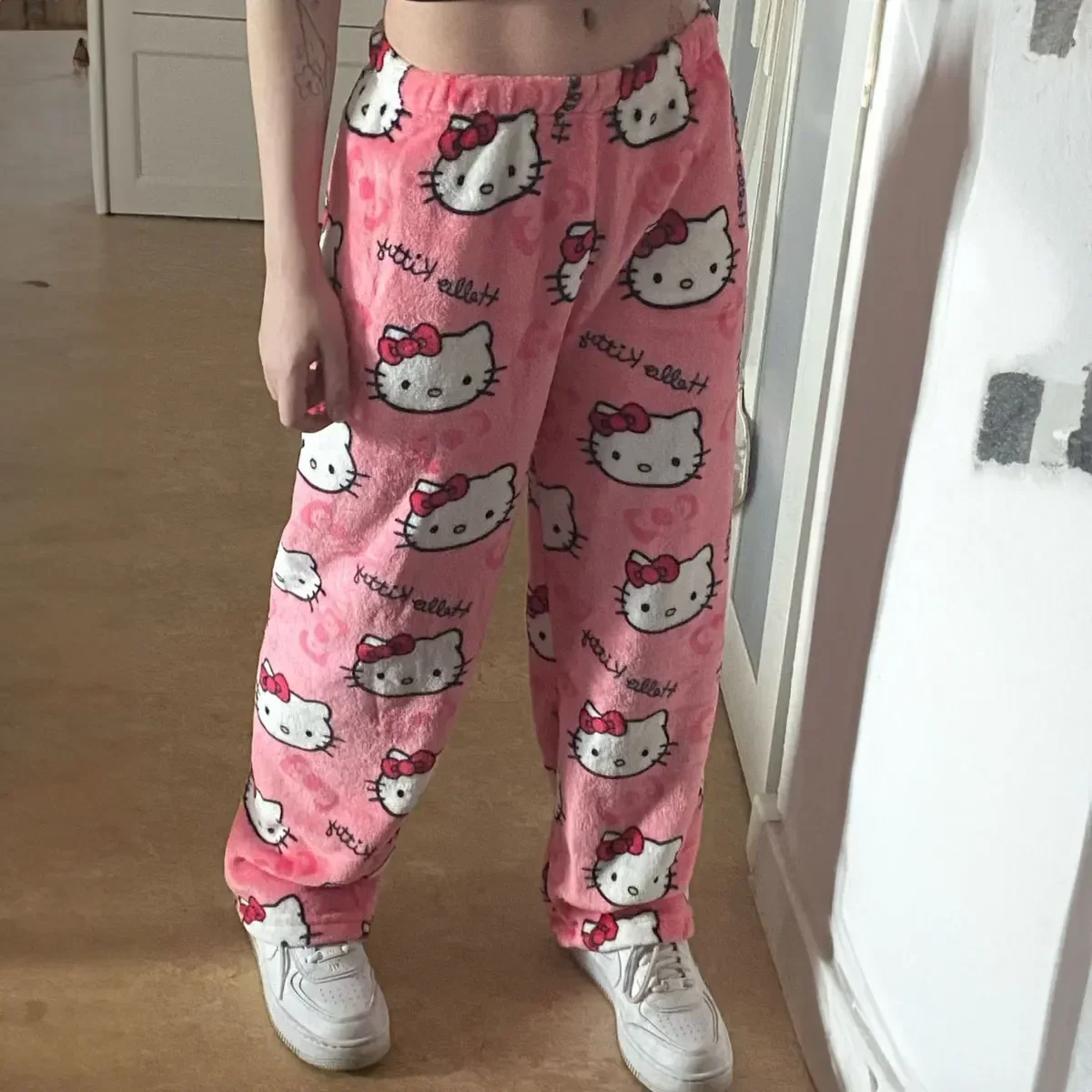 2024 Sanrio Hello Kitty Pajamas Halloween Flannel Fashion Trouserswomen Kawaii Woolen Anime Cartoon Casual Home Pants Autumn 2