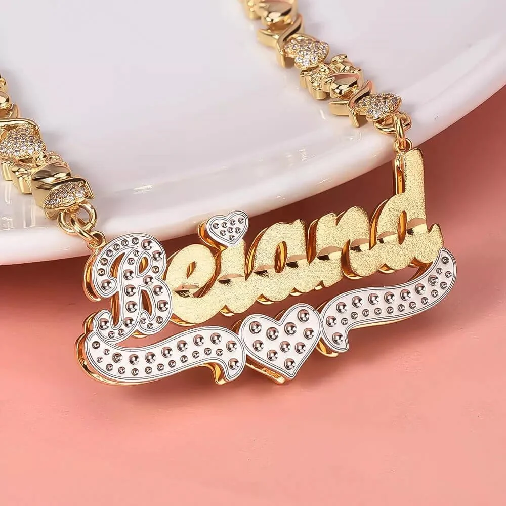 VishowCo Custom Gold Plated Name Necklace Two Tone with Heart Necklace Teddy Heart XOXO Chain Double Layer Necklace