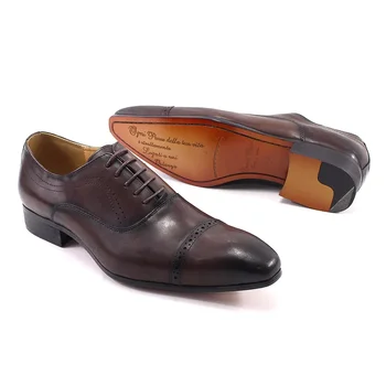 Genuine Leather Oxford Dress Shoes Men Lace Up Cap Toe Office Wedding Shoes Black Brown Brogue Pointed Oxfords Formal Shoes Men 4
