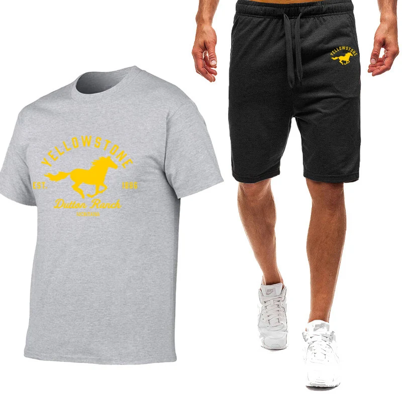 Movie Huangshi Dutton Ranch Men's Comfortable Nine-color Short-sleeved Shorts Suit Cotton Harajuku Shirt Leisure Sports T-shirt