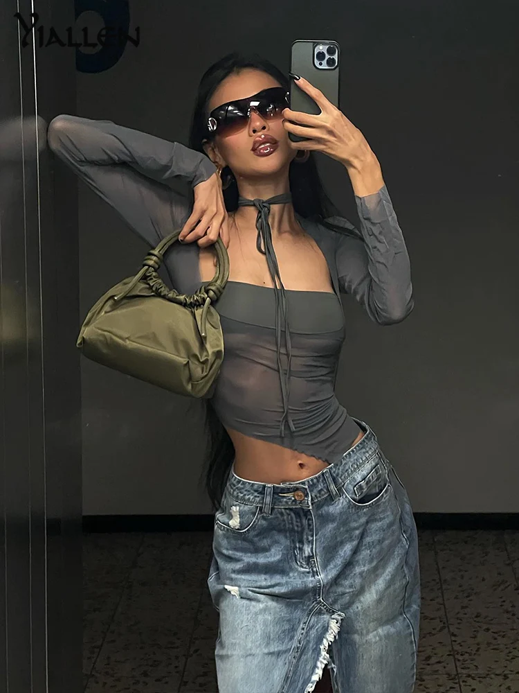 Nibber Summer New Fashion Top Women's Sexy Perspective Mesh Gauze Long Sleeve Square Neck T-shirt Street Casual Clothing Hot