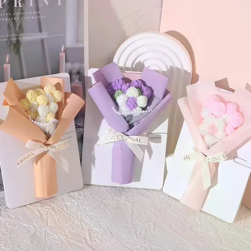 창의적인 3차원 꽃다발, 인사말 카드, 수제 크림 퍼프, 발렌타인데이 니트 꽃다발