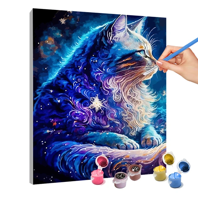 Lienzo con dibujo para pintar con números, de 40x50cm. Diseño gato  multicolor. Incluye pinceles y pinturas