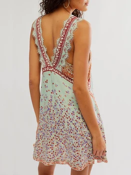 Women’s Sleeveless Lace Trim Dress Eyelash Deep V-Neck Floral Print Backless Mini Dress 2