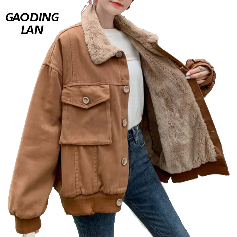 

Autumn Winter Solid Color Long Sleeve Women Jean Coats Large Size Plush Thickened Work Jackets Vintage Loose Lapel Denim Outwear