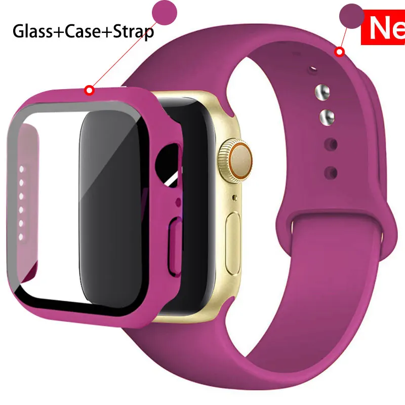 

Glass+Case+Strap For Apple Watch band 44mm 40mm 45mm 41mm 38mm 42mm Silicone watchband bracelet iWatch series 8 9 7 6 5 4 3 SE