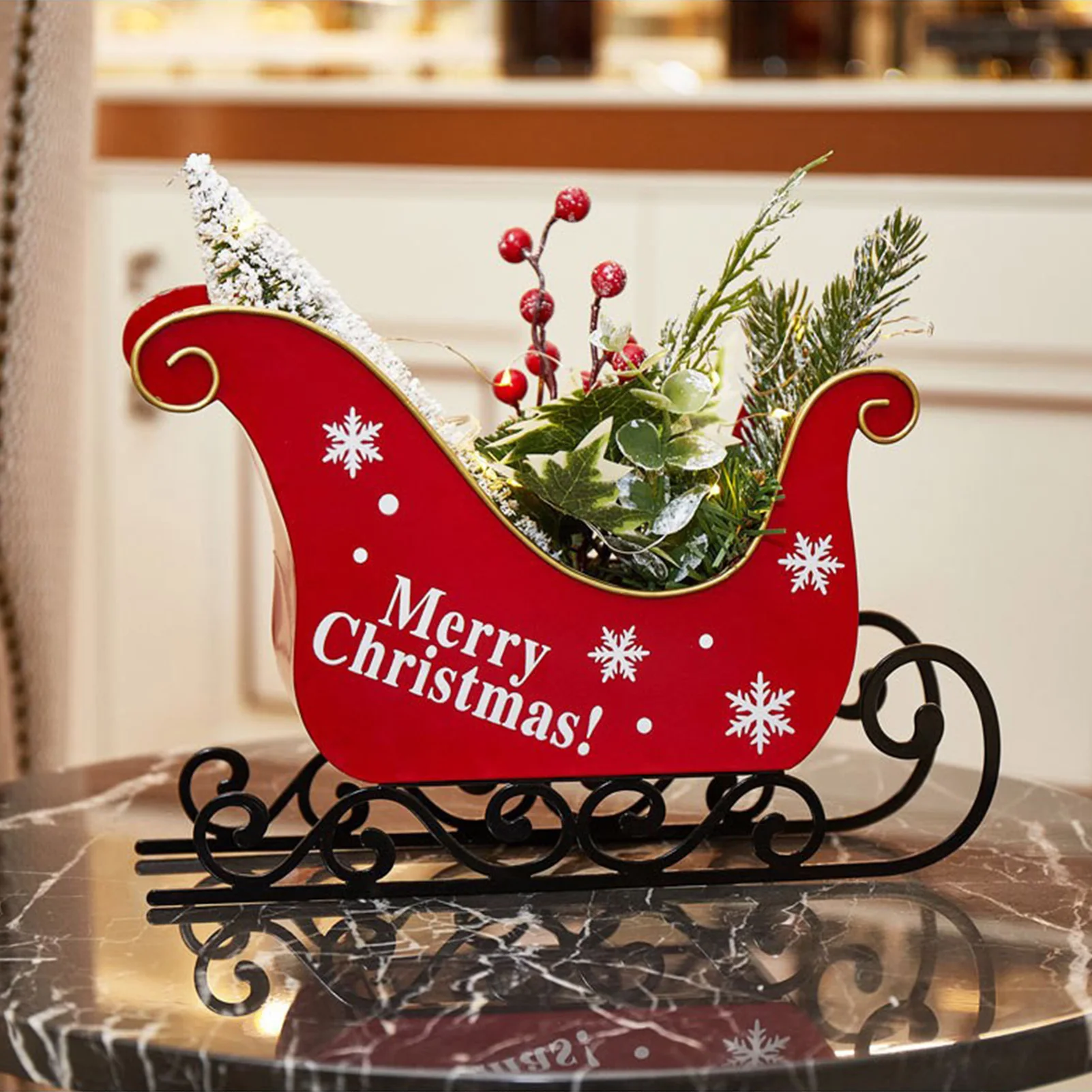 

2023 Christmas Decoration Metal Sleigh with Christmas Tree LED Lights Home Xmas Desktop Ornament 2024 New Year Gift for Kids