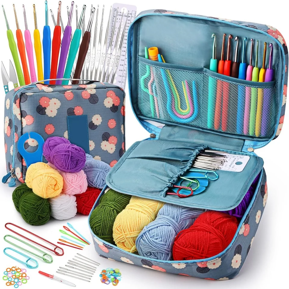 KRABALL Crochet Knitting Kit With Colorful Cotton Yarn Thread Crochet Hooks And Storage Bag for Adults DIY Handmade Craft Set