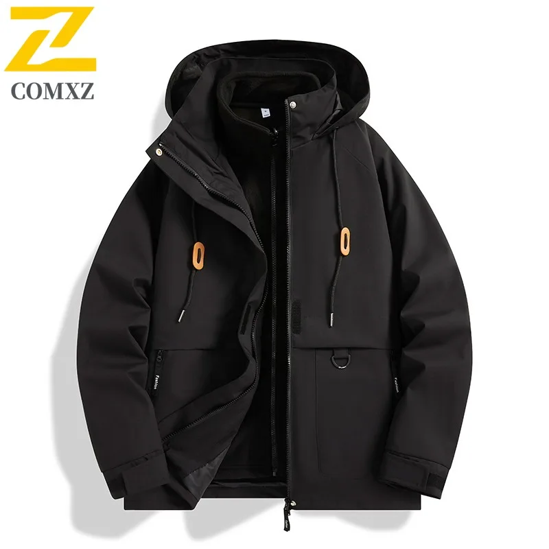 COMXZ Men Jacket 2025 High Quality Snow Skiing Cold Resistant Warm Coat Luxury Hooded Travel Lightweight Winter Windbreaker