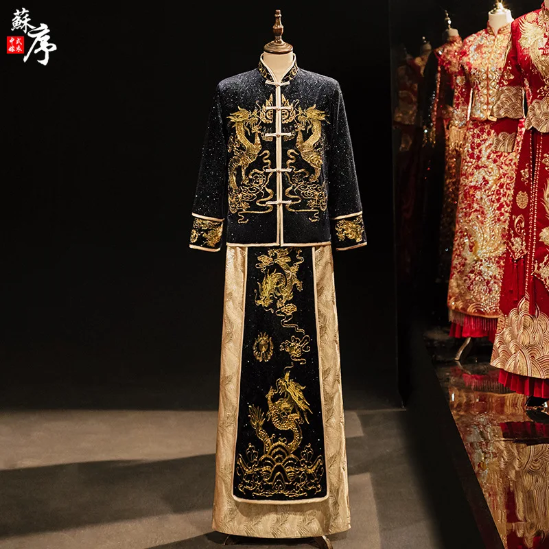 Groom Vintage Loose Cheongsam Traditional Chinese Wedding Gown Satin Qipao Embroidery Dragon Costume Mens