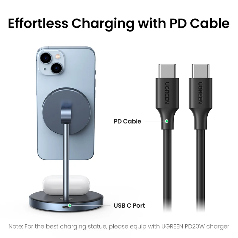 IL Special UGREEN Magnetic Wireless Charger 20W Max 2-in-1 Charging Stand For iPhone 14 Pro Max/iPhone 13/AirPods Fast Charger