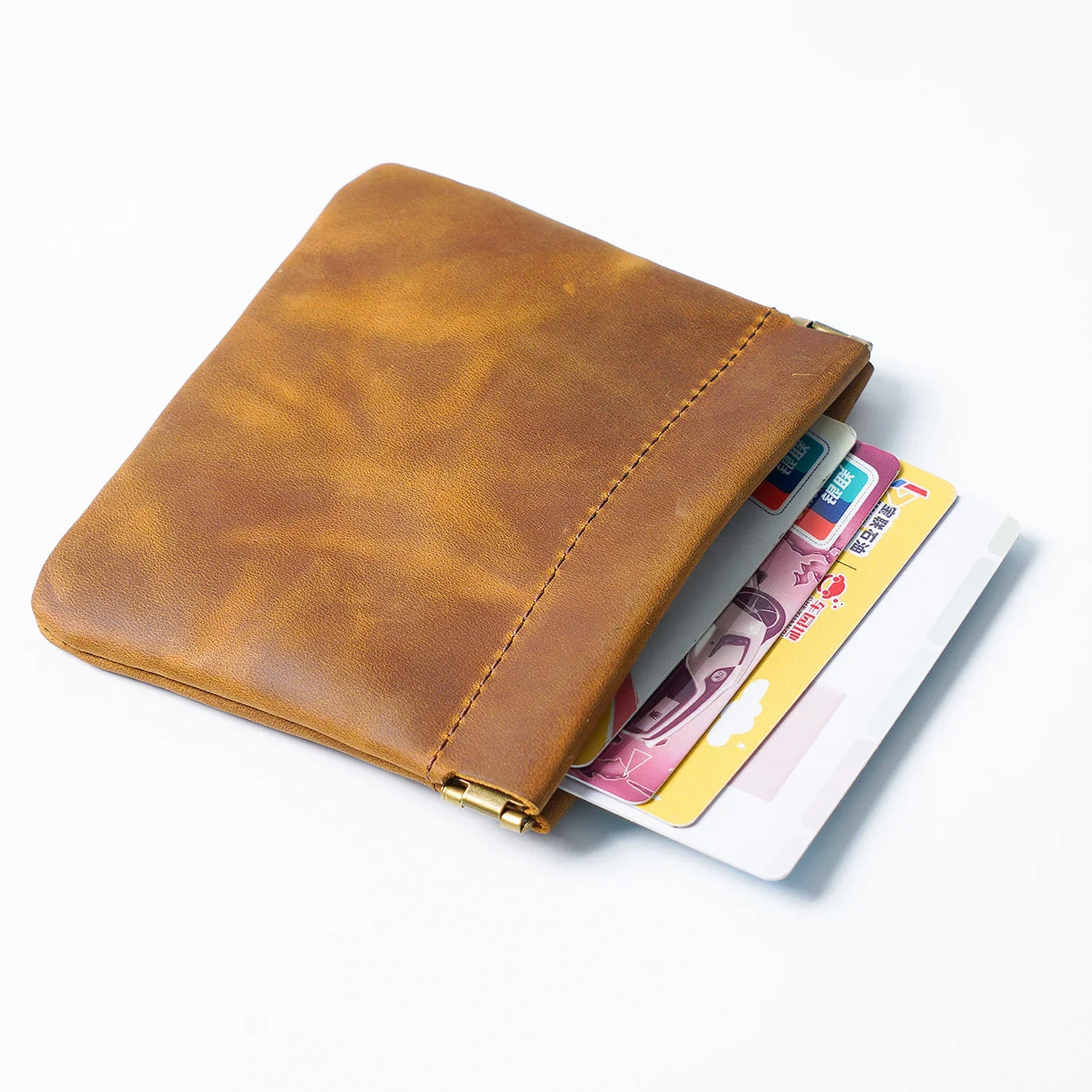 

Moterm Genuine Leather Small Coin Purse Automatic Closure Card Holder Retro Storage Bag Crazy Horse Leather Key Case Wholesale