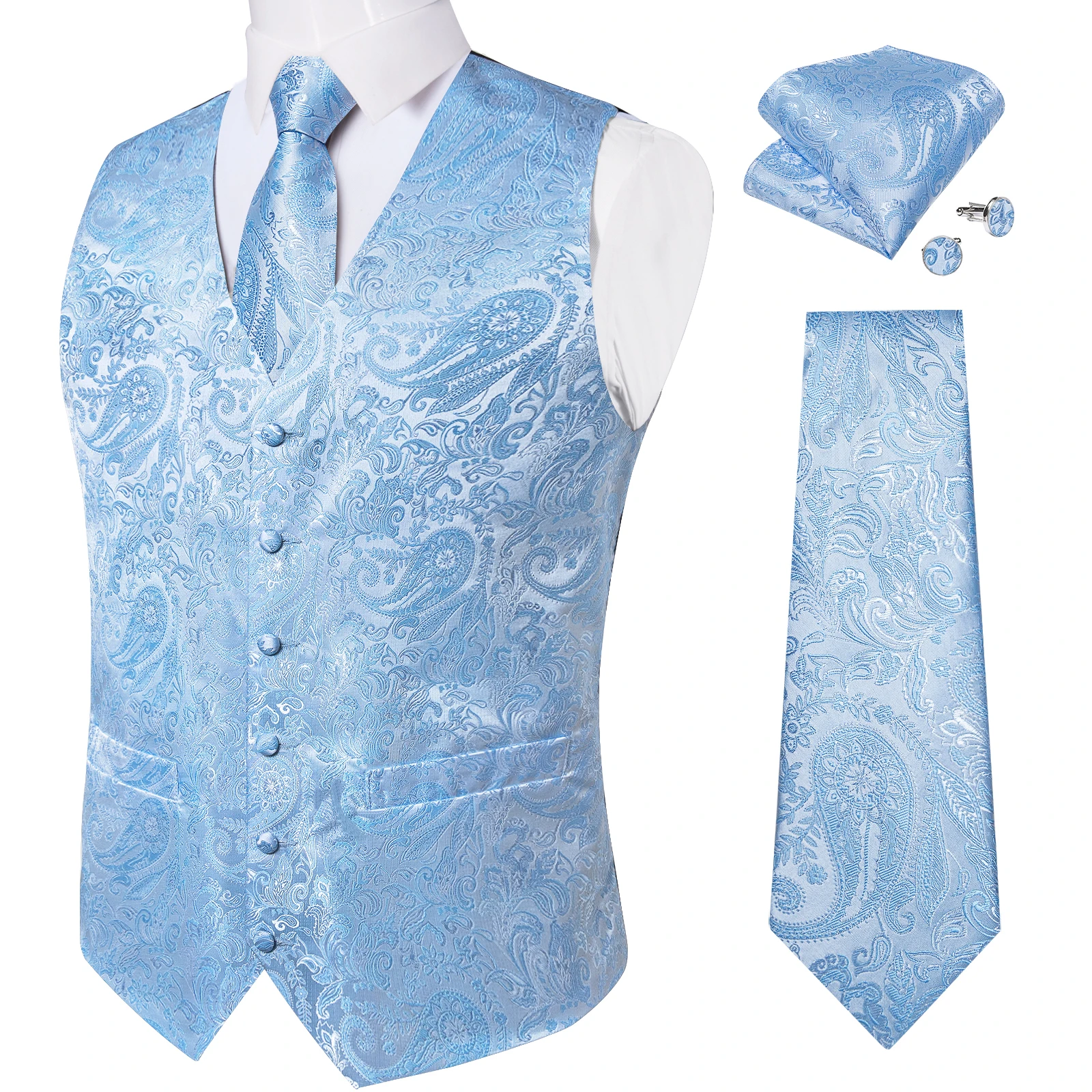 Dress Vests Men's Paisley Business Vest Wedding Waistcoat Necktie Pocket Square Cufflinks