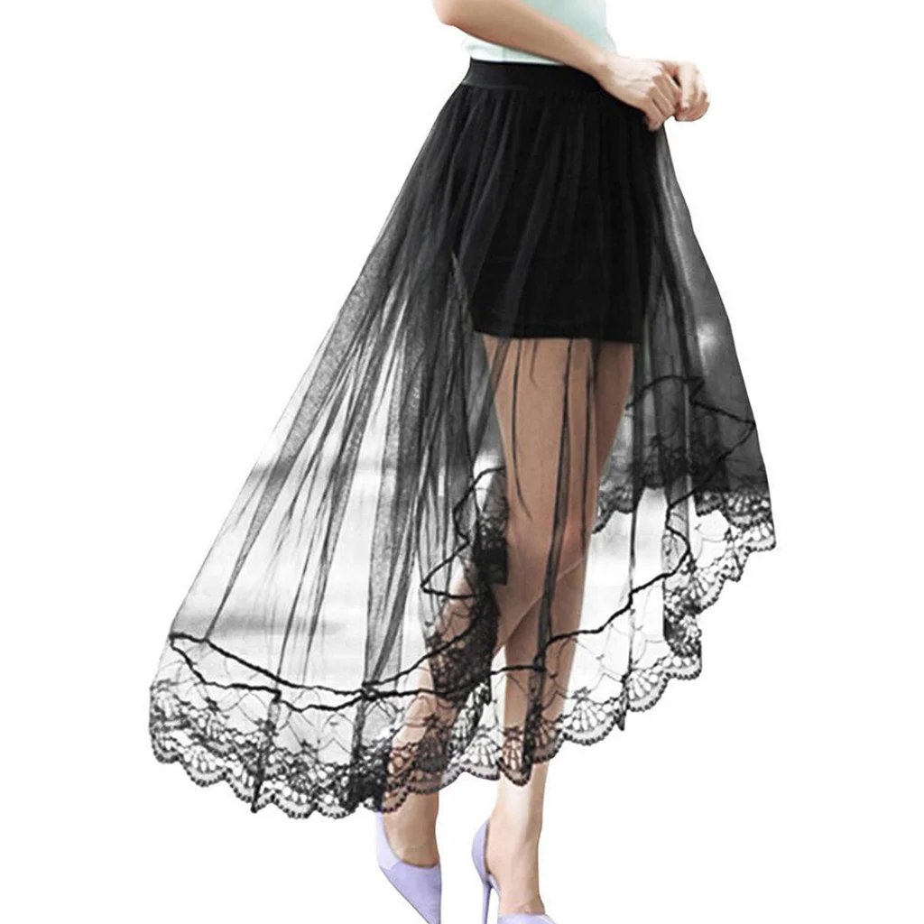 Women Girls Summer High Waist Layered Sheer Mesh Swallowtail Midi Long Skirt Asymmetric Scalloped Lace Hem Pleated Party Dress