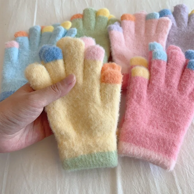 Candy Colour System Plush Kids Gloves Kids Winter Cold Warm Thickened Gloves Children Windproof Five-finger Glof Coloured Glof