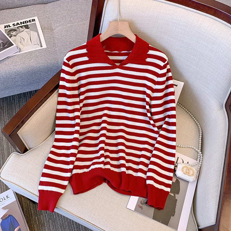 

Модный Полосатый пуловер, свитер, женские свободные вязаные свитера с длинным рукавом, джемпер, женская одежда с воротником поло, 4XL