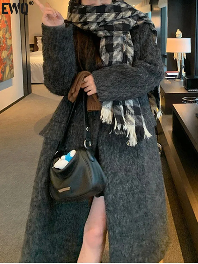 

[EWQ] High Quality Lapel Double Breasted Thick Warm Woolen Coat Pocket Women's Clothing Outerwear 2023 New Autumn Winter 16U6691