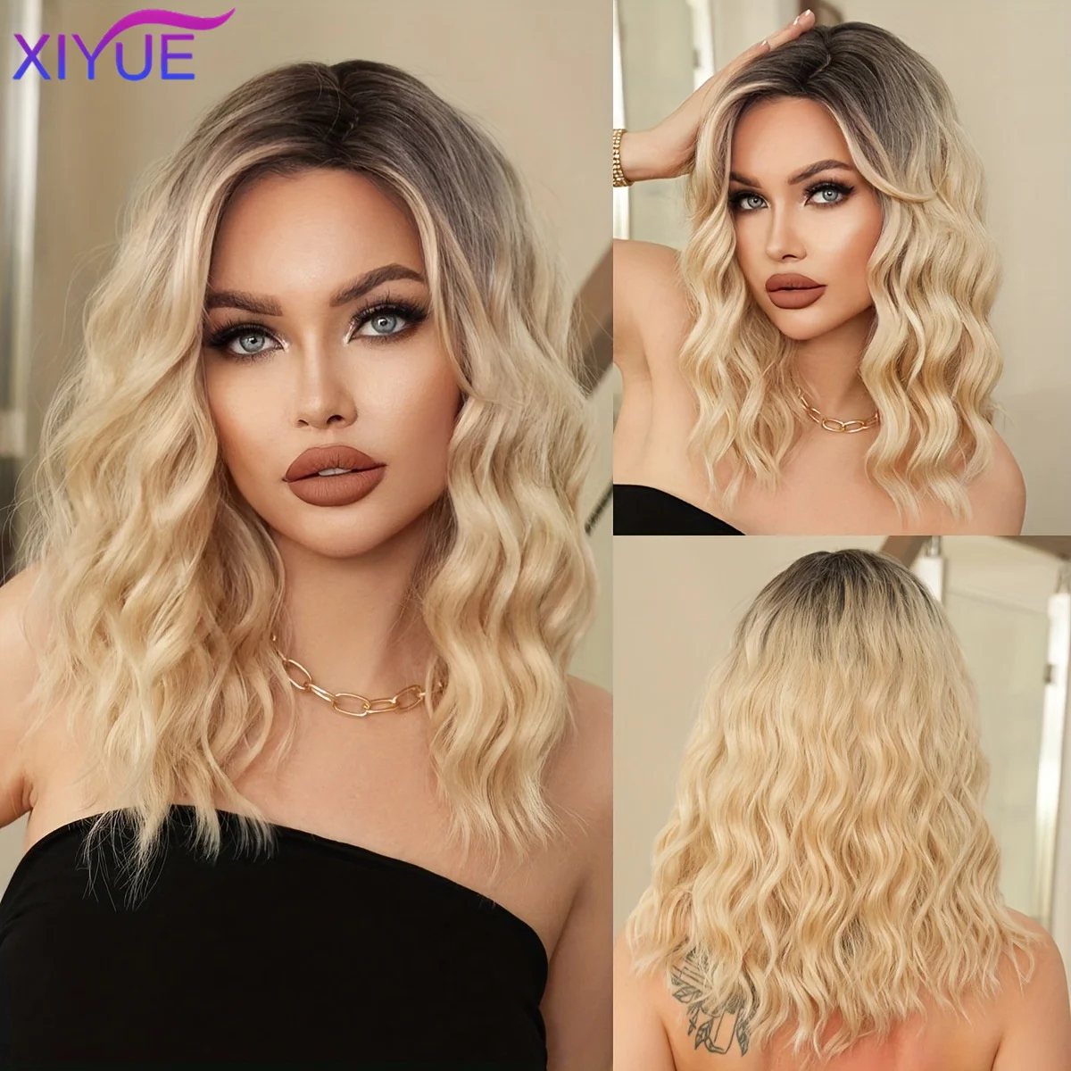 

XIYUE Aideshair Европейская и американская мода женский короткий Боб с водяным разделением волнистые короткие кудрявые накладки на голову