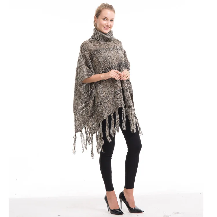 

Autumn Winter High Collar Tassel Warm Knitting Cape Versatile Women Sweater Fashion Street Poncho Lady Capes Khaki Cloaks