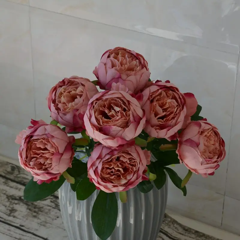 Mazzo Di Fiori Artificiali Di Peonia Rosa In Seta - 6 Peonie + Margherite + Eucalipto - Composizione Finta Per Centrotavola Matrimonio E Casa