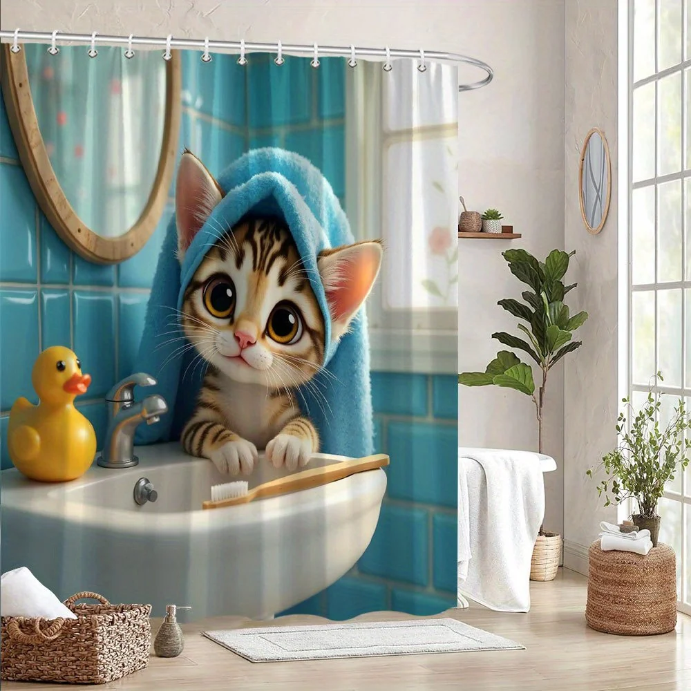 Cute Cat in Bathroom Waterproof Shower Curtain - Adorable Pet Decor, High-Quality Fabric, Durable and Stylish Design 4