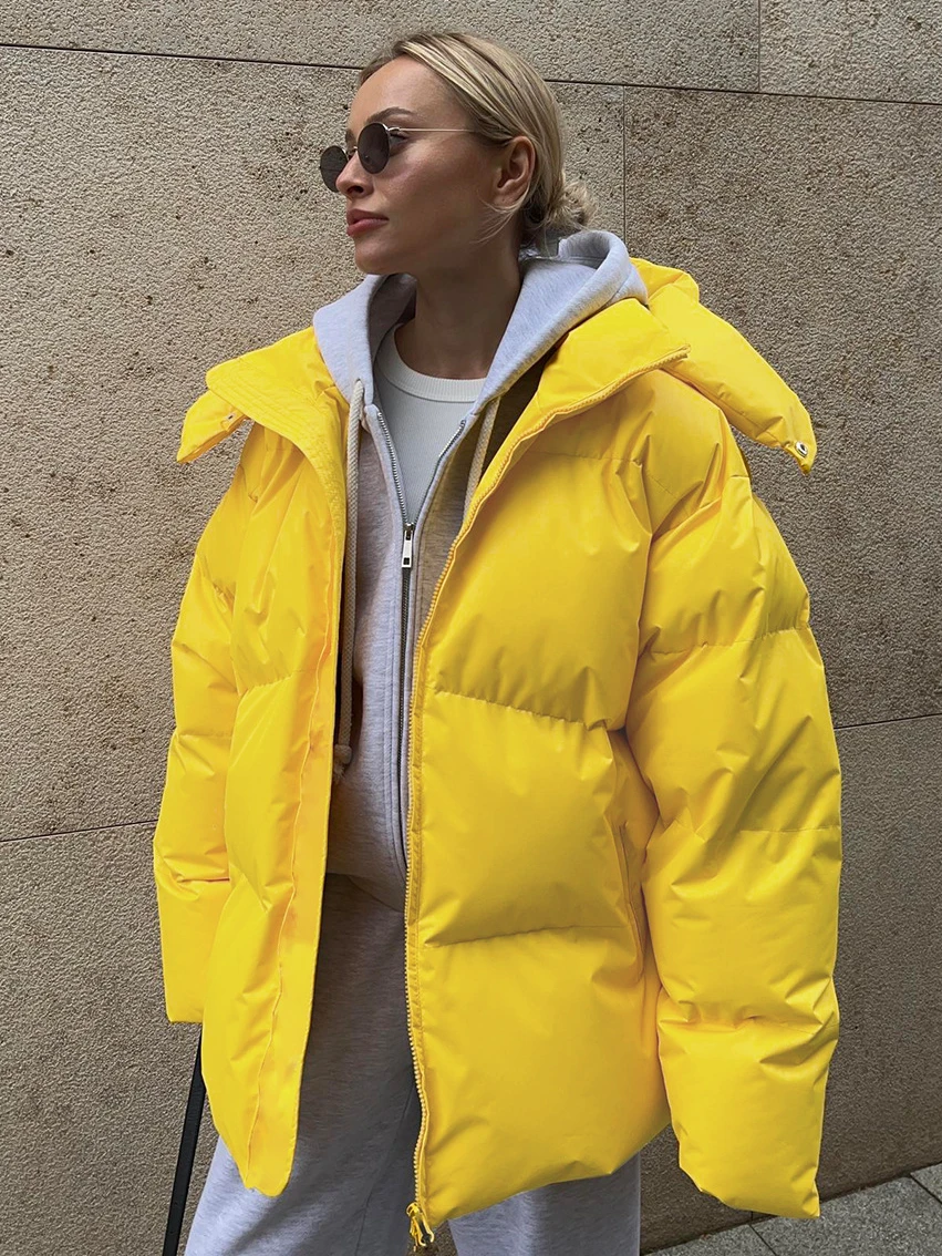 

New Cotton-padded Jacket Women Autumn Winter Hooded Quilted Coats High Street Fashion 2023 Zipper Warm Thick Tops Parkas Yellow